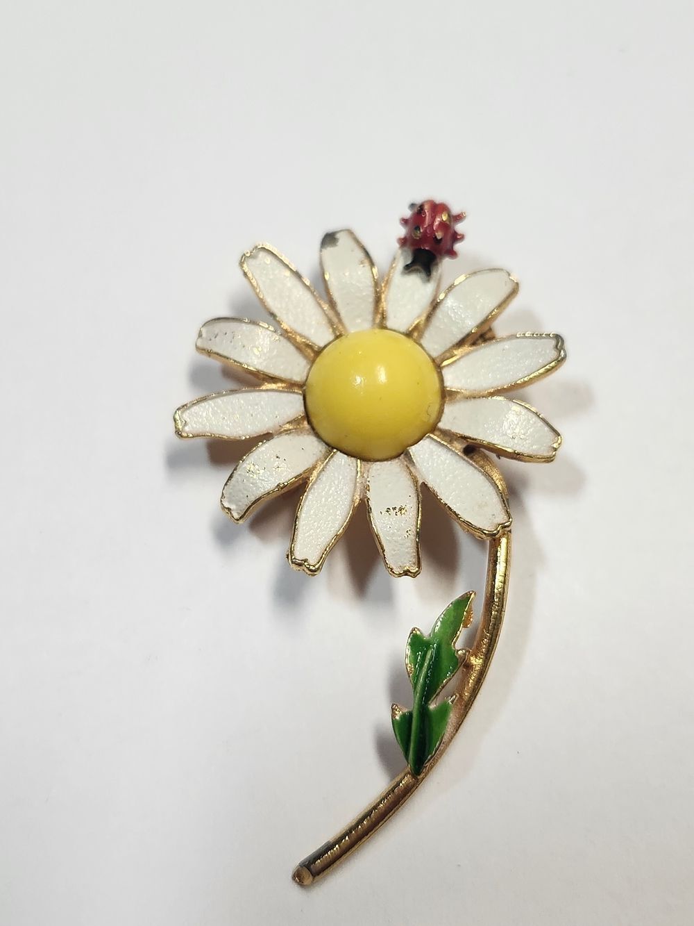 Weiss Enamel Flower Brooch White Daisy Ladybug Cabochon Signed Vintage Figural